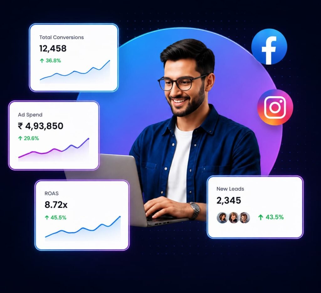 Meta Ads performance analytics showing conversions, ad spend, ROAS and new leads