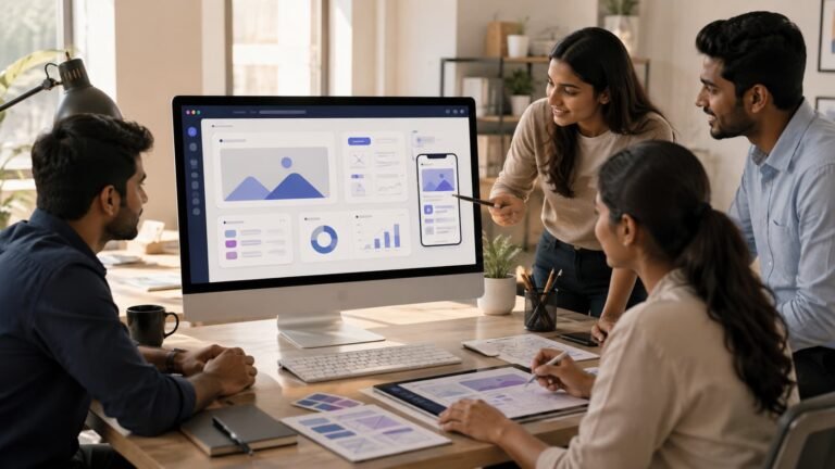 Web design team collaborating around a desktop monitor with website UI layouts and responsive design concepts in a modern office